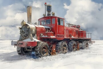 Vintage Red Train in Snow
