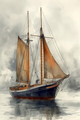 Vintage Sailboat in Watercolor Style