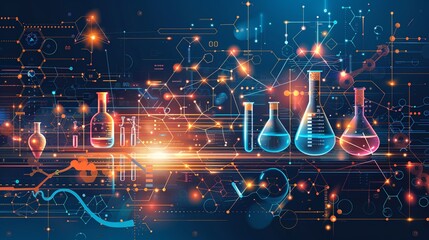 Flat color background with a mix of geometric shapes and molecular models, detailed with biotechnology components such as lab flasks and DNA strands to highlight the scientific theme. Flat color