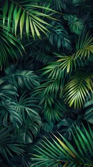 Beautiful nature background of vertical garden with tropical green leaf. Mural wallpaper. AI generated illustration