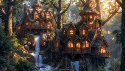 Fototapeta premium Enchanted treehouse village nestled in a lush forest with cascading waterfalls.