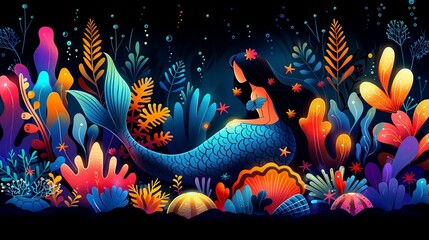 Fototapeta premium Illustration of a mermaid lounging on a bed of coral and underwater flora, with colorful sea flowers and plants enveloping her in an ethereal, dreamlike setting. Flat color illustration, shiny,