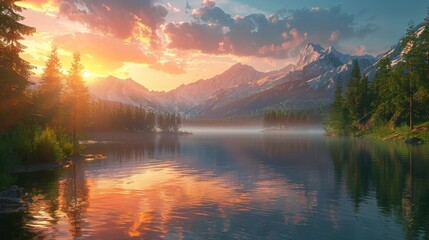 Fototapeta premium a fotorealistic shot of a quiet lake surrounded by forest and mountains in the background on sunset 