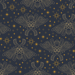 Moth and stars seamless pattern vector illustration