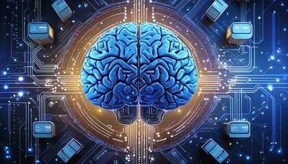 Artificial intelligence brain interface from top view A digital brain connected to computers, representing connectivity in futuristic tone with a Tetradic color scheme