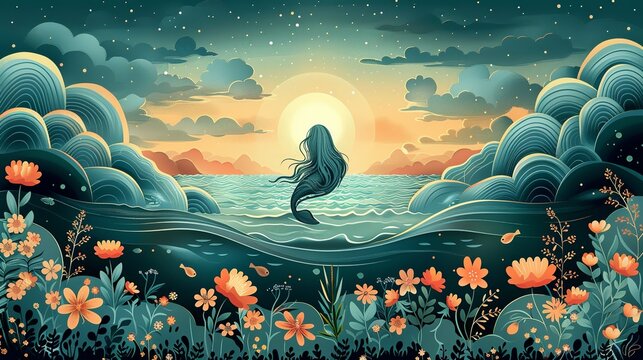 2D flat color depiction of a selkie emerging from the ocean, surrounded by sea flowers and coastal flora, creating a serene, otherworldly ambiance. Flat color illustration, shiny, Minimal and Simple,