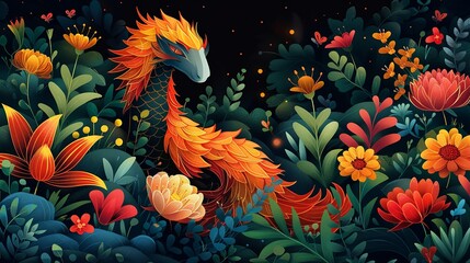 Beautiful nature scene featuring a chimera amidst a garden of vibrant, oversized flowers, with the mythical creature and natural elements creating a captivating, enchanting image. Flat color