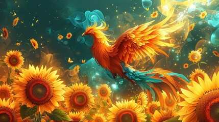 Abstract representation of a phoenix soaring over a field of sunflowers, with the bright colors and mythical creature blending seamlessly in a vibrant, captivating design. Flat color illustration,