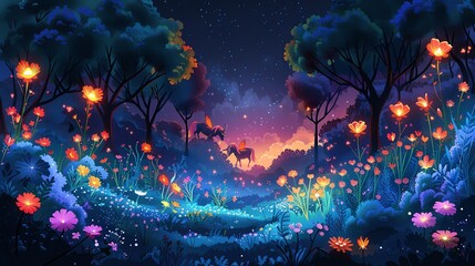 Illustration of a fairy-tale forest filled with glowing flowers and mythical creatures like centaurs and faeries, creating a dreamlike, magical scene. Flat color illustration, shiny, Minimal and