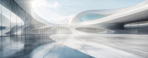 Empty minimal abstract architecture building interior or exterior concrete design with open space floor courtyard white showcase area and curved walls museum plaza, display showroom mockup background