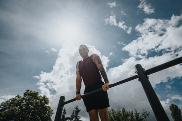 A fit man with tattoos smiles while exercising on parallel bars in a sunny urban park, representing...