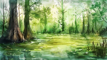 Obraz premium Watercolor painting of swamp in the rainforest. Nature tropical jungle scenery background