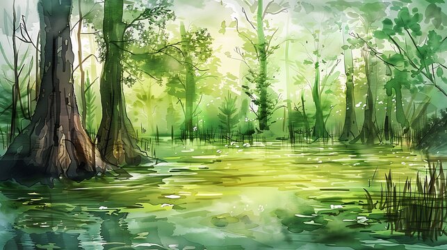 Watercolor painting of swamp in the rainforest. Nature tropical jungle scenery background