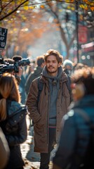 Fototapeta premium Interviewing people on the street on a sunny warm day