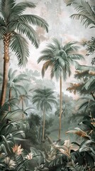 Tropical vintage botanical landscape illustration, palm tree, vegetable flower border background. Mural wallpaper. AI generated illustration
