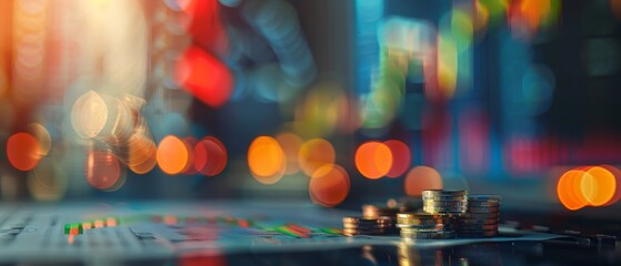 Stacks of coins on a stock market chart highlighting financial growth and investment opportunities with abstract bokeh lights in the background.