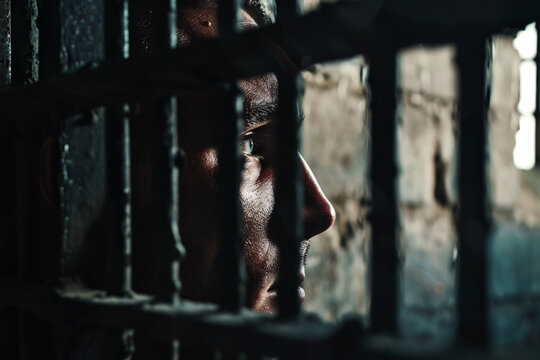 man behind prison bars focused gaze through metal bars highlighting harsh reality of imprisonment and emotional weight of confinement