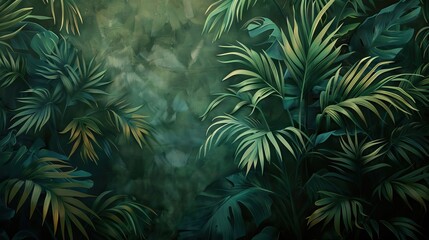 Beautiful nature background of vertical garden with tropical green leaf. Mural wallpaper. AI generated illustration