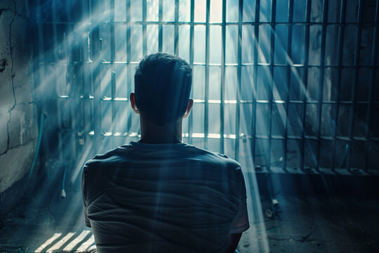 man sitting in prison cell back to camera sunlight streaming through bars creating dramatic rays of light emphasizing loneliness and confinement