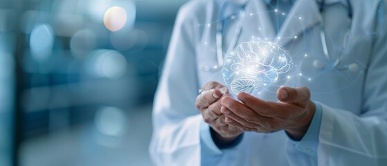 Doctor holding a futuristic glowing hologram in hands, representing innovation and advancement in medical technology.