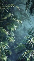 Beautiful nature background of vertical garden with tropical green leaf. Mural wallpaper. AI generated illustration