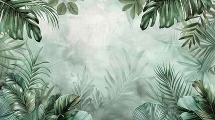 Tropical vintage botanical landscape illustration, palm tree, vegetable flower border background. Mural wallpaper. AI generated illustration