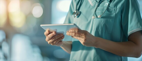 Medical professional using a digital tablet in a hospital, emphasizing modern healthcare technology and efficient patient care.