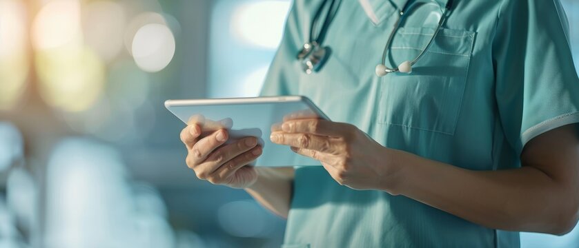 Medical professional using a digital tablet in a hospital, emphasizing modern healthcare technology and efficient patient care.
