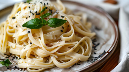 Combination of Italian pasta and Japanese noodles beautifully served on wooden board with Japanese and Italian motifs. Close-up
