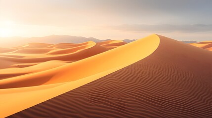 Desert sand dunes panorama at sunset. 3d render