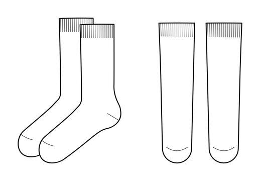 Mid Calf Socks length set. Fashion hosiery accessory clothing technical illustration stocking. Vector front, side view for Men, women, unisex style, flat template CAD mockup sketch outline isolated 