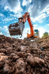 Backhoe working by digging soil at construction site at sunny day