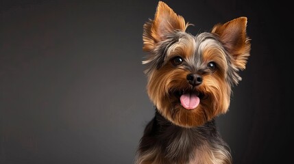 Naklejka premium adorable yorkshire terrier portrait with tongue out cute joyful pet dog animal fluffy brown and tan coat endearing facial expression studio photo with copy space