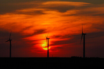 wind turbines at sunset