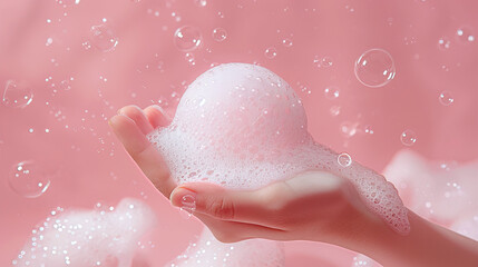 female hand holding fine foam bubble, rounded soap little bubbles floating in the air, pink background