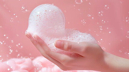 female hand holding fine foam bubble, rounded soap little bubbles floating in the air, pink background