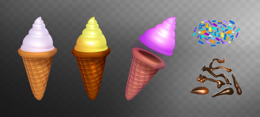 3d kit of ice cream in waffle cones. Сolorful vanilla ice cream. Set of chocolate drops and sprinkles
