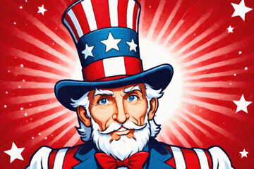 illustration drawing 4th of July Uncle Sam on a red background with flag. American. Holiday, Independence Day, usa IA
