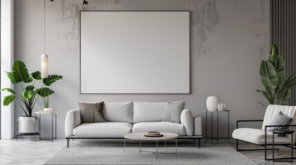 A contemporary living room interior with a blank canvas on the wall waiting for art above a stylish sofa