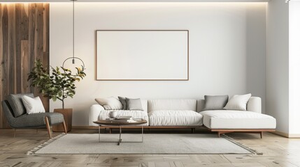 An elegant and contemporary living room featuring a comfortable sofa, armchair, wooden elements, and a blank frame on the wall