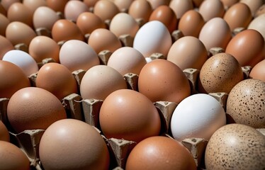 Close-up image of chicken eggs neatly arranged in a carton. The eggs are brown and white.