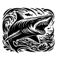 Obraz premium Cartoon Black and White Isolated Illustration Vector Of A Great White Shark Swimming Through Water With Mouth Open