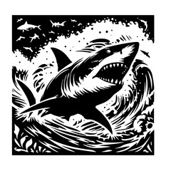 Cartoon Black and White Isolated Illustration Vector Of A Great White Shark Swimming Through Water With Mouth Open