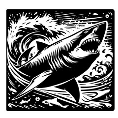 Cartoon Black and White Isolated Illustration Vector Of A Great White Shark Swimming Through Water With Mouth Open
