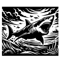 Cartoon Black and White Isolated Illustration Vector Of A Great White Shark Swimming Through Water With Mouth Open