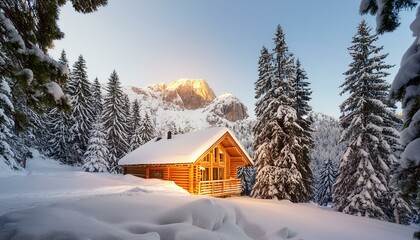 Beautiful view of a snow covered wooden lodge glowing in rocky mountains and pine forest. Beautiful winter landscape. - Powered by Adobe
