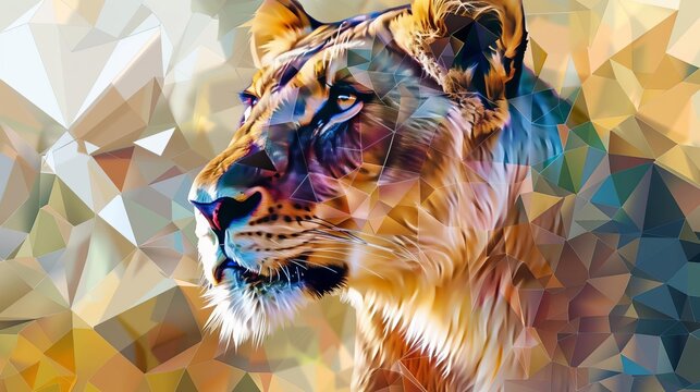 lioness gaze colorful contemporary art poster abstract wildlife portrait geometric polygon digital illustration