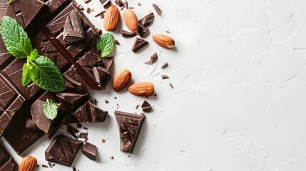 Chocolate Bars with Nuts on White Background with Copy Space