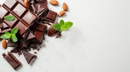 Chocolate Bars with Nuts on White Background with Copy Space