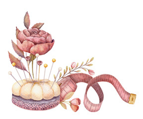 Pincushion and measuring tape with flowers for tailor’s atelier design. Hand drawn watercolor painting of in vintage style. Soft pink sewing tool of dressmaker illustration. Sewing supplies hobby.